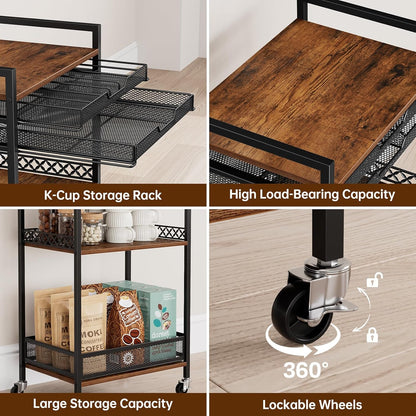 Plaviya K Cup Holder Coffee Cart, 5 Tier Coffee Station Organizer with Wheels, Coffee Pod Holder Coffee Bar Organizer Accessories, Multi-Functional Cart for Living Room, Kitchen, Breakfast Nook