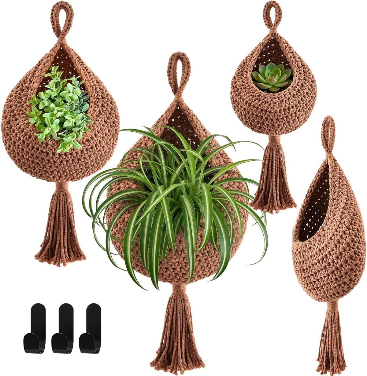 Honeydak Boho Decor Hanging Wall Baskets for Kitchen 3 Pack Teardrop Baskets with Hooks Storage Fruit Onion Vegetable Potato for Home 3 Sizes(Linen,Teardrop,Jute)