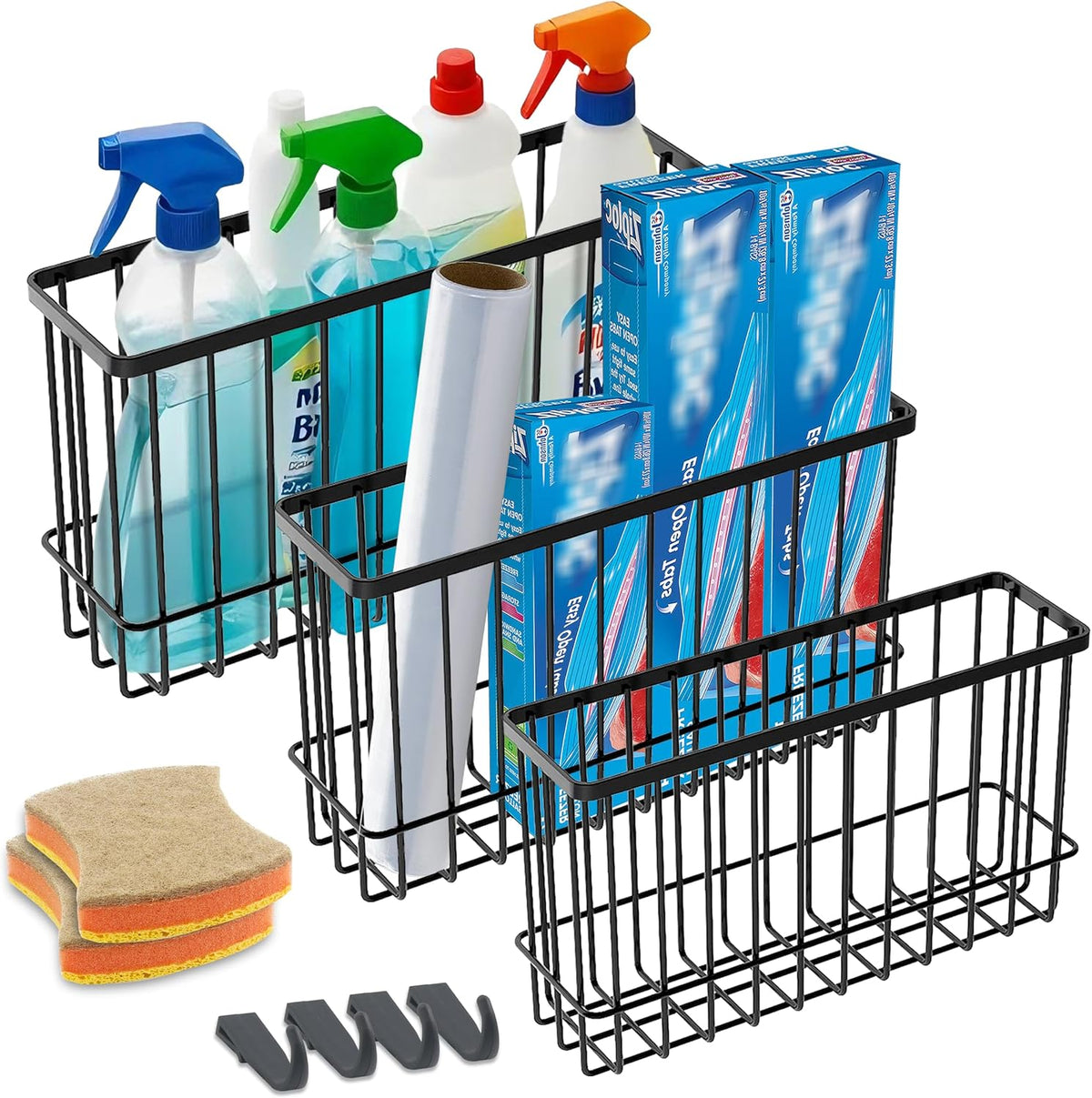 Cabinet Door Organizer Basket 2 Pack, Foil and Plastic Wrap Organizer with 2 Sponges, Lid Organizers Inside Cabinet, Metal Basket for Kitchen Organizers and Storage, Utility, Black (Medium,Large)
