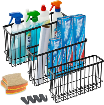 Cabinet Door Organizer Basket 2 Pack, Foil and Plastic Wrap Organizer with 2 Sponges, Lid Organizers Inside Cabinet, Metal Basket for Kitchen Organizers and Storage, Utility, Black (Medium,Large)