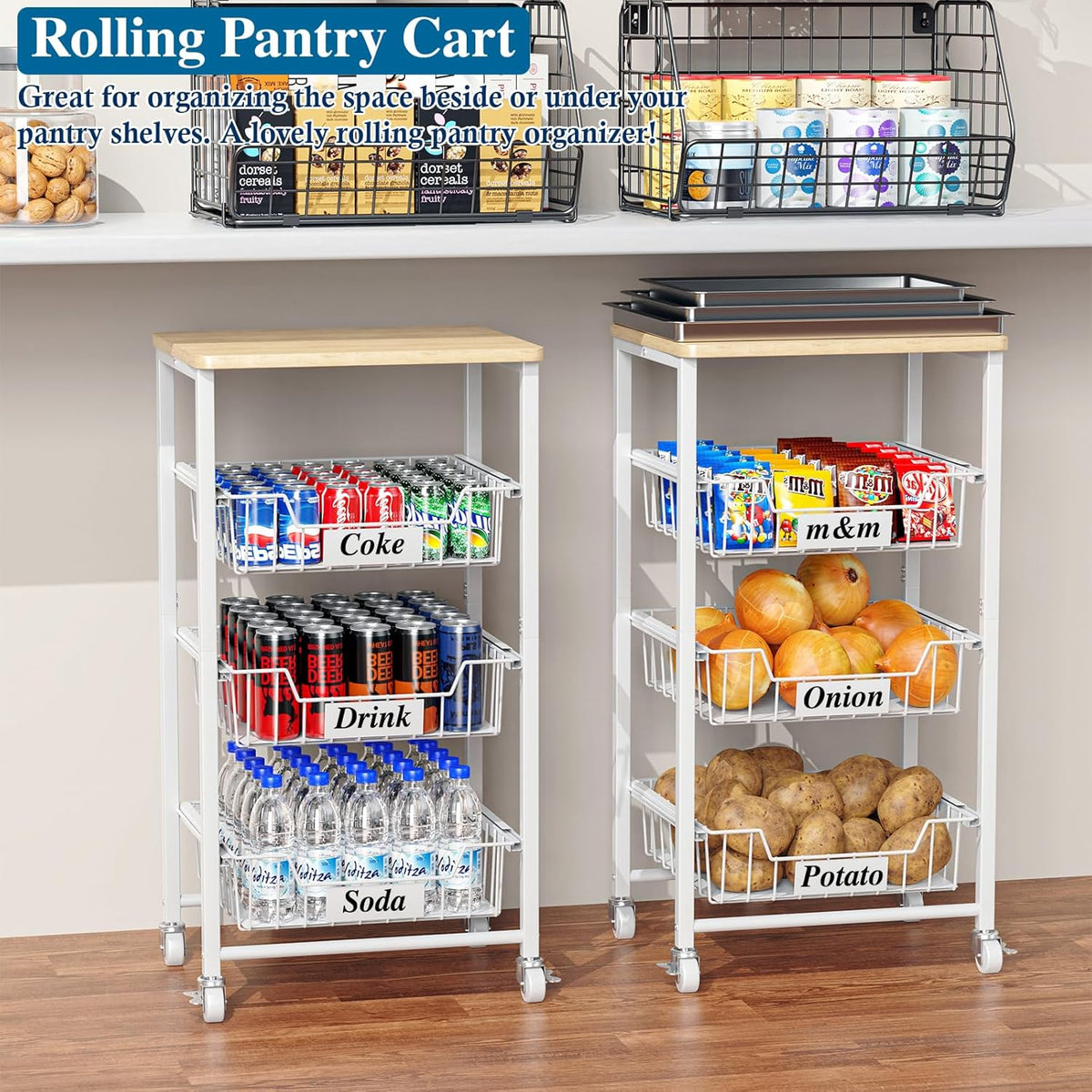 OKZEST 4-Tier Kitchen Storage Cart on Wheels – Mobile Fruit Basket Stand with Drawers & Wooden Top, Small Rolling Pantry Shelf for Potatoes, Onions, Bottled Drinks, Cans, Snacks – Includes 3 PE Liners
