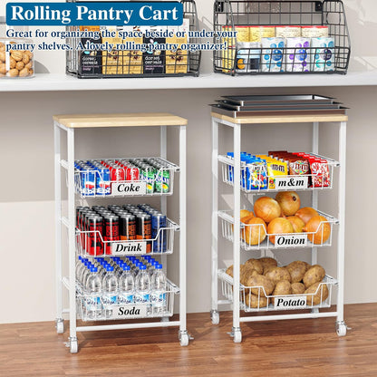 OKZEST 4-Tier Kitchen Storage Cart on Wheels – Mobile Fruit Basket Stand with Drawers & Wooden Top, Small Rolling Pantry Shelf for Potatoes, Onions, Bottled Drinks, Cans, Snacks – Includes 3 PE Liners