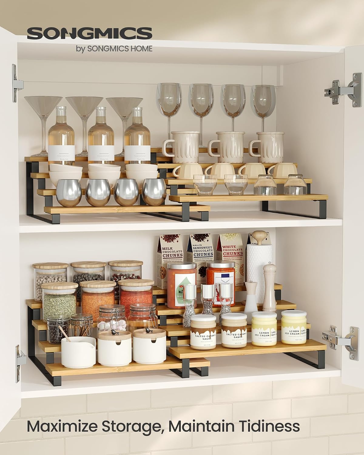 SONGMICS Display Risers, Set of 2 Engineered Wood Perfume Organizer Stand, 4-Tier Cupcake Stand Holder, Spice Rack, Shelf Risers for Figures, Dessert Shelves, Natural Beige and Cloud White UKCS216N02