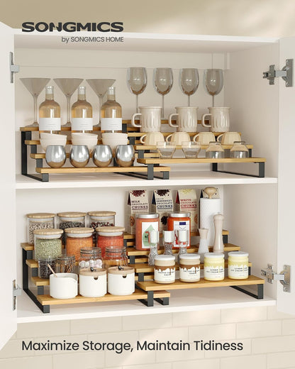 SONGMICS Display Risers, Set of 2 Engineered Wood Perfume Organizer Stand, 4-Tier Cupcake Stand Holder, Spice Rack, Shelf Risers for Figures, Dessert Shelves, Natural Beige and Cloud White UKCS216N02