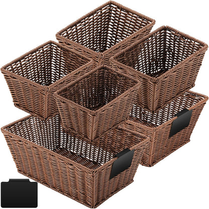 Marsui 6 Pcs Wicker Storage Baskets with Labels Handwoven Multi-size Brown Wicker Storage Bins for Organizing Small Baskets Container for Shelves Closet Pantry Toilet(Brown )