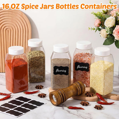 Mifoci 28 Pack 16 oz Plastic Spice Jars with Cap Square Plastic Bottle Containers with Shaker Lids and Stickers Large Seasoning Shaker Empty Powder Storage Container for Storing Salt Herbs (Black)