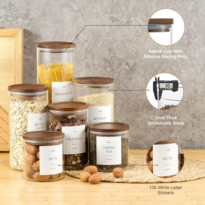 Glass Rice Containers with Acacia Wood Lids, 70oz Airtight Flour and Sugar Jars with 105 Labels, Large Glass Pantry Storage Jars for Cereal, Protein Powder, Cookies, Dry Food