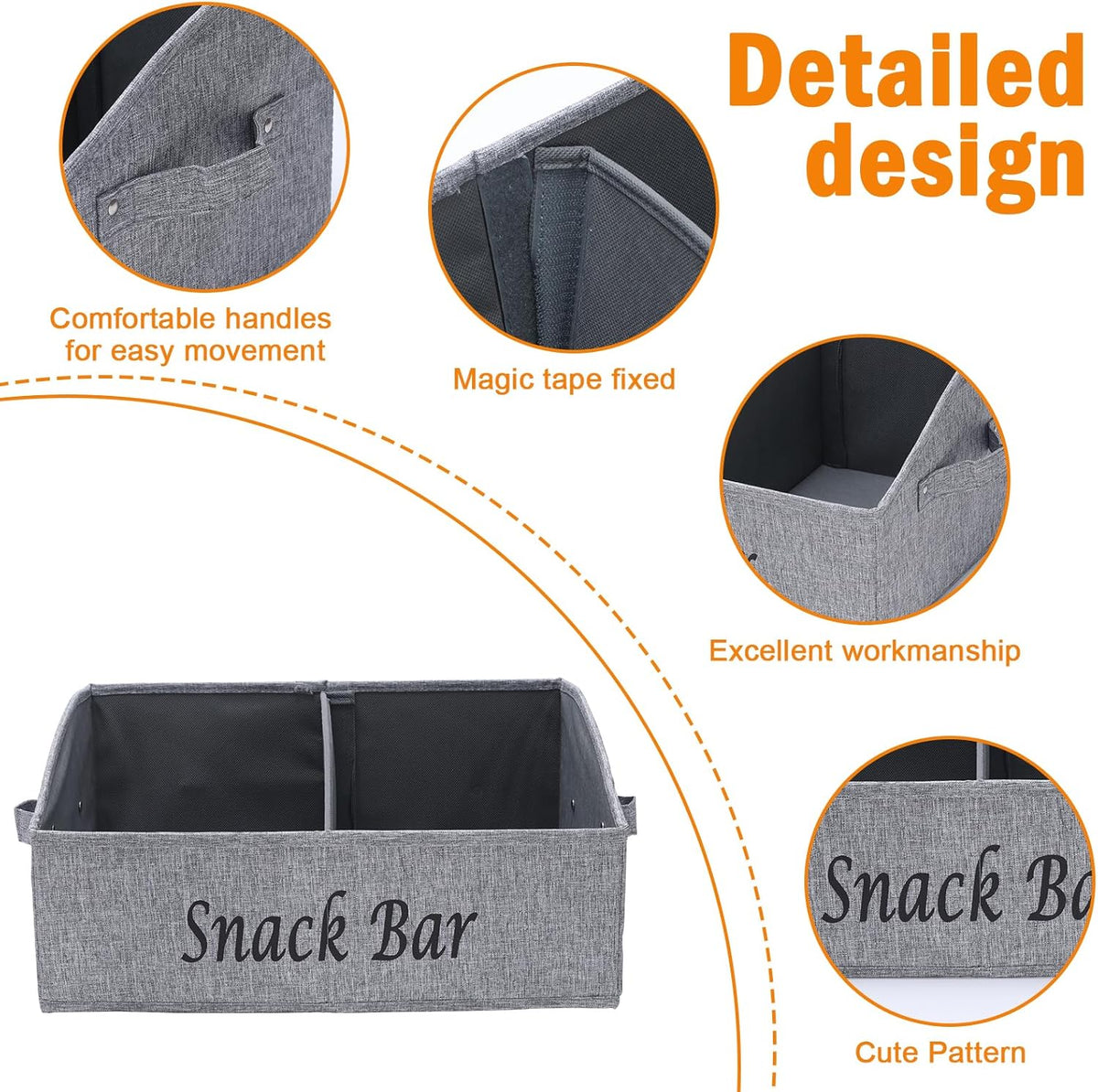 Snack Organizer for Countertop, Fabric Snack Organizer with Handles, 2 Large Compartment Snack Container Snack Basket, Snack Bar Station Decor, Kitchen Pantry Organizer and Storage, Black