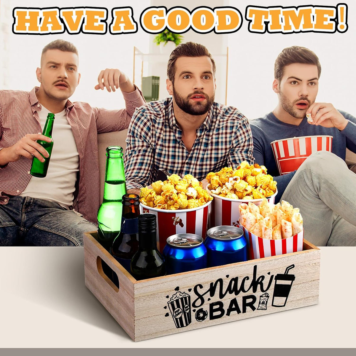Movie Night Supplies Snack Trays with Handles Reusable Wooden Movie Gift Basket for Theater Popcorn Bucket Bowl Box Container Family Room Decor(Classic Style)
