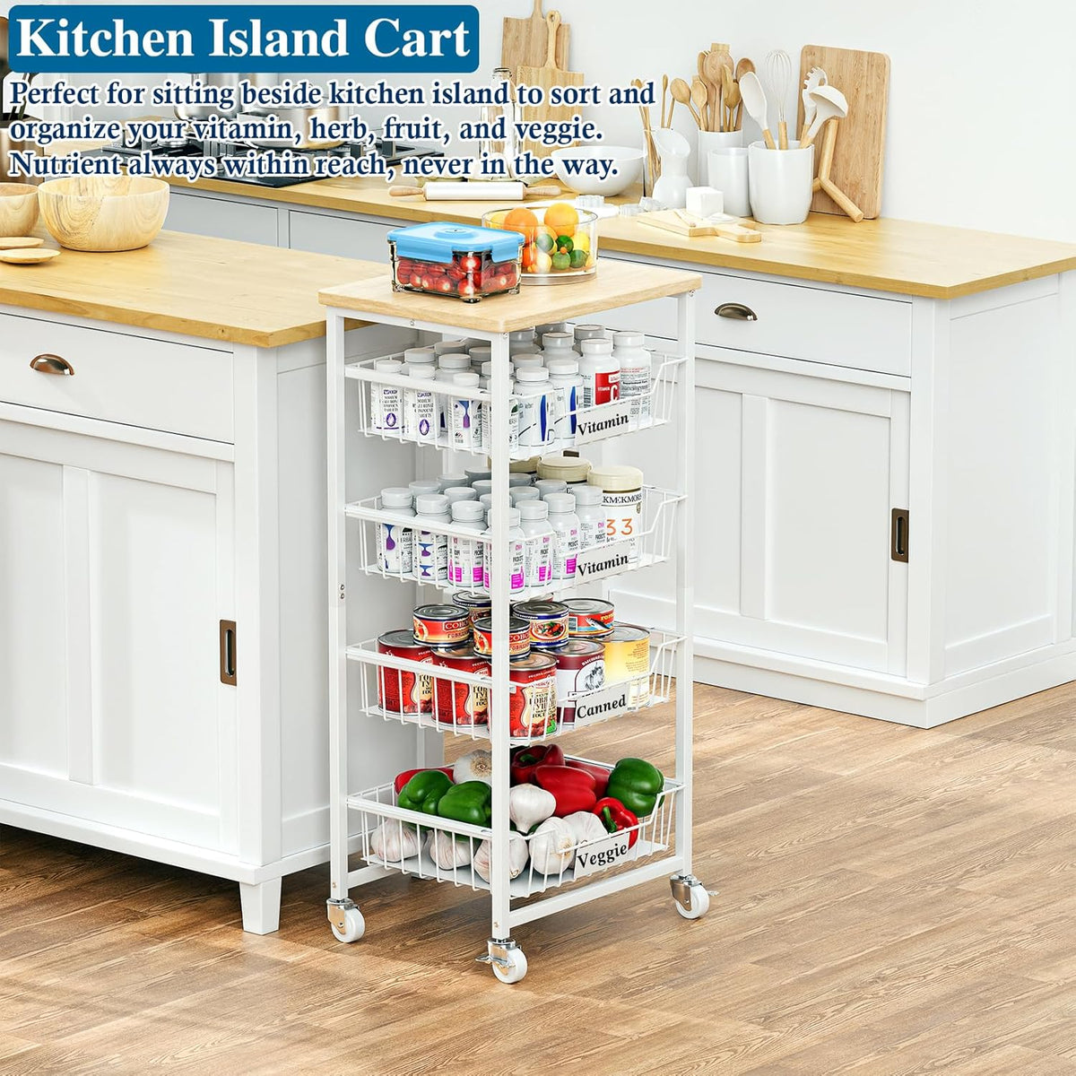 OKZEST 4-Tier Kitchen Storage Cart on Wheels – Mobile Fruit Basket Stand with Drawers & Wooden Top, Small Rolling Pantry Shelf for Potatoes, Onions, Bottled Drinks, Cans, Snacks – Includes 3 PE Liners