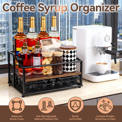 kimilus Coffee Syrup Rack Organizer, 4-Tier 12 Bottle Syrup Rack with 35 K Cup Drawer for Coffee Bar, Countertop Bottle Holder Stand for Dressing for Kitchen Cafe Station