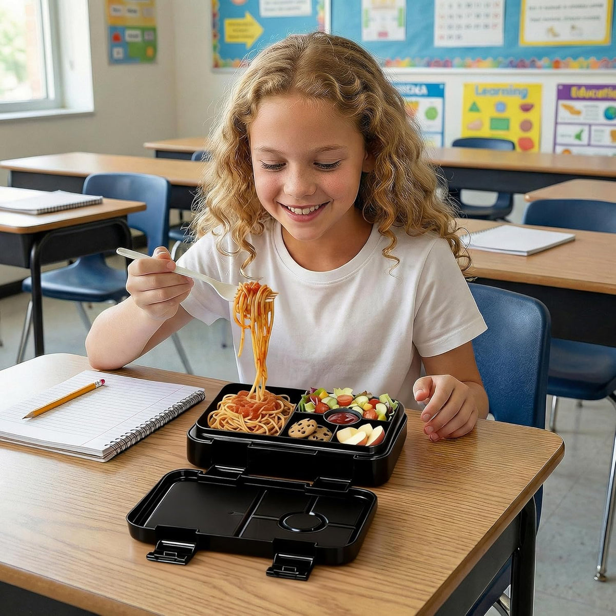 Bento Lunch Box for Kids, 6 Compartments BPA Free, Dishwasher Safe Back to School Snack Bento Lunch Containers Boxes, Ideal Portion Sizes for On-the-Go Meal, Ages 3+, School, Green Patterned