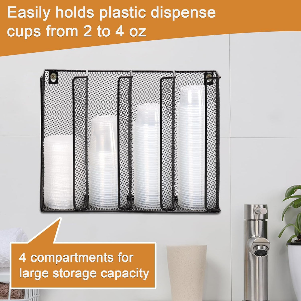 Wall Mount Portion Sauce Cup Lid Organizer 4 Compartments Iron Sauce Cup Dispenser Black Cup and Lid Holder Organizer Fits Cups Size 2 to 4 oz For Kitchen Counter Restaurant Coffee Bar 13x10x3.3 In