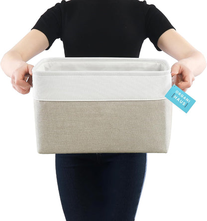 OrganiHaus 12x8in Canvas Storage Baskets 3 Pack | SMALL Fabric Bins for Shelves | Pantry & Bathroom Organizer | Beige/Off-White
