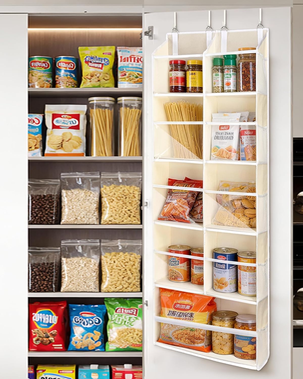 ULG Over The Door Organizer with 6 Large Pockets 12 Side Pockets, 50lbs Weight Capacity Door Hanging Organizer for Bedroom, Bathroom, Pantry, Nursery Storage, Beige