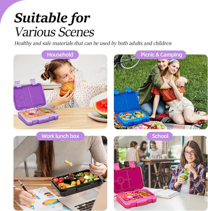 Bento Lunch Box for Kids, 6 Compartments BPA Free, Dishwasher Safe Back to School Snack Bento Lunch Containers Boxes, Ideal Portion Sizes for On-the-Go Meal, Ages 3+, School, Green Patterned