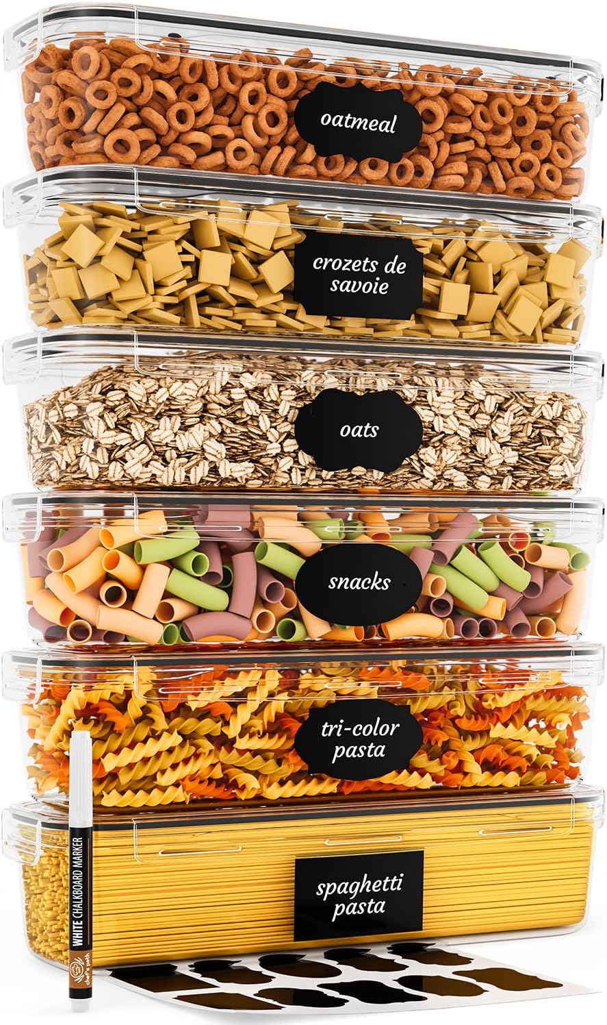 Chef's Path Airtight Food Storage Containers with Lids (Set of 4/3.6 Liters Each), Plastic Spaghetti Container for Pasta & Dry Food Storage, BPA Free Pantry Organizer Set with Kitchen Accessories