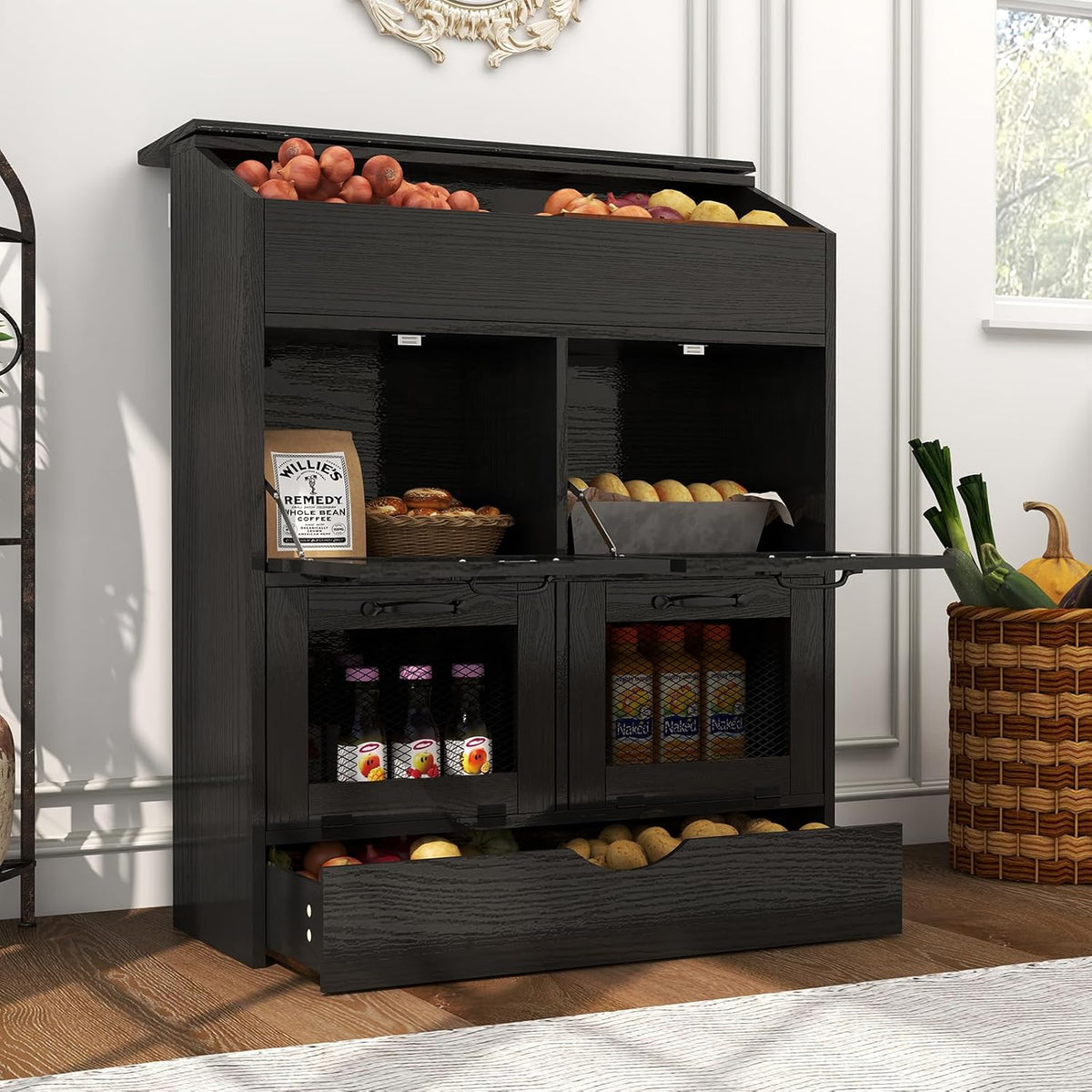 Verano Garden Potato Storage Bin, Wood Bread Box with Lid, Farmhouse Potato and Onion Storage Bin with Mesh Doors, Fruit and Vegetable Storage Rack with Removable Drawer (Rustic Brown, 16.0")