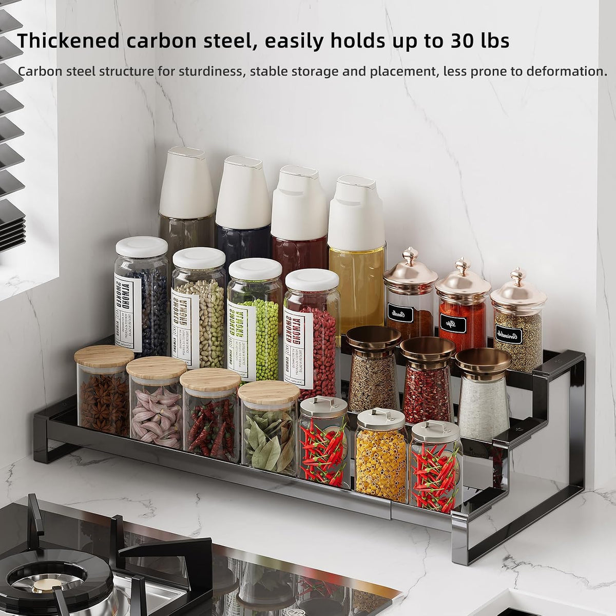 3 Tier Expandable Spice Rack Organizer, Heavy-Duty Black Metal Seasoning Organization Shelf for Cabinet, Kitchen & Pantry, Tiered Spice Shelf With Safety Lock, For Jars & Bottles, Countertop Storage