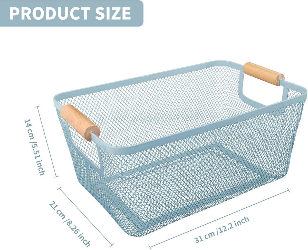 2 Pack 12" Wide Metal Mesh Baskets with Bamboo Handles for Pantry Organization | Wire Storage Bins for Kitchen, Cabinet, Fruit & Snacks | Decorative Farmhouse Style Organizer