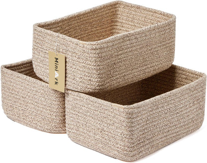 MiniArk Small Storage Baskets for Organizing | Closet Organizer Bins | Shelf Toy Basket | Woven Rope Baskets | Cube Decorative Box | Shallow Basket | L11.5xW7.5xH4.7| Brown
