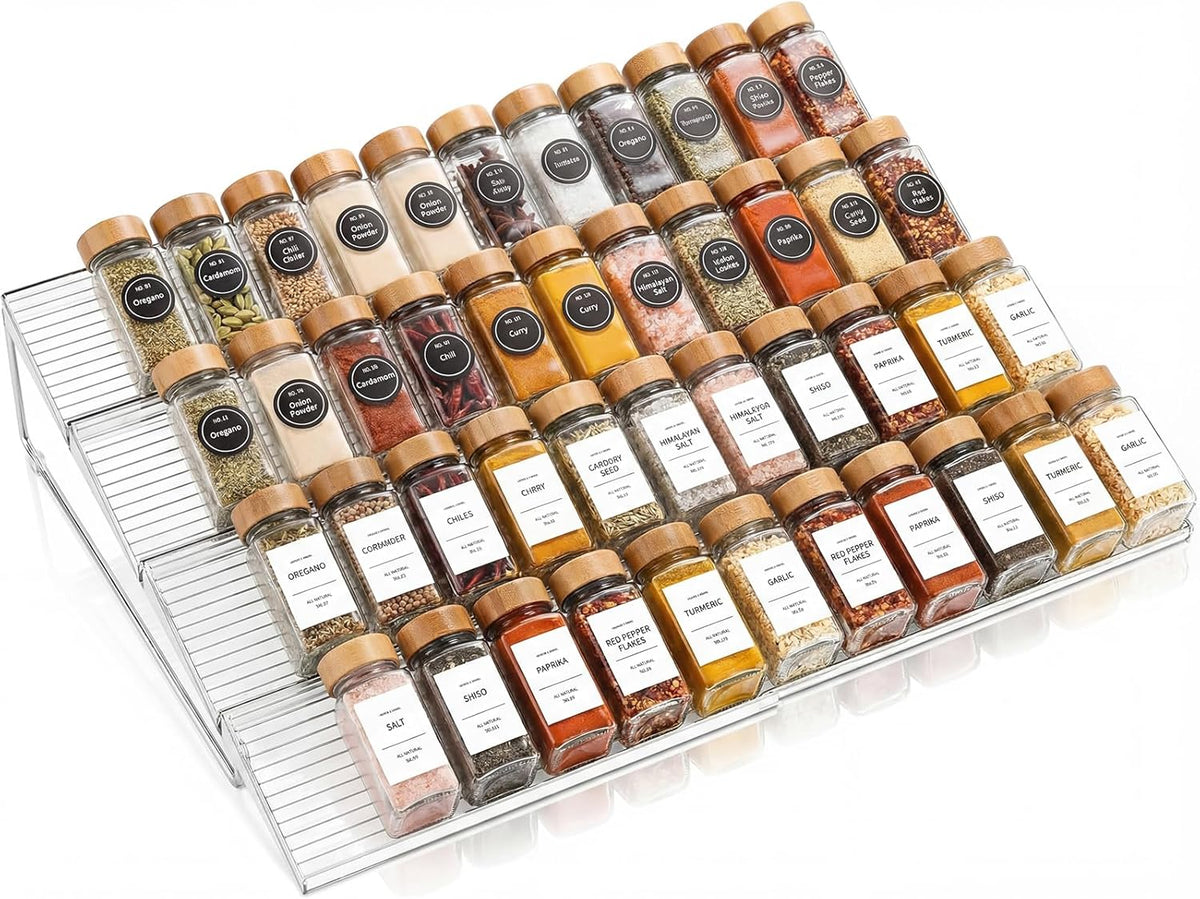 LETGO 8 Pack Adjustable Spice Rack for Drawer- Expandable From 11" to 22" Expandable Spice Drawer Organizer 4 Tiers Acrylic Seasoning Organizer Rack,Clear Spice Rack Tray for Spices,Condiment (8)
