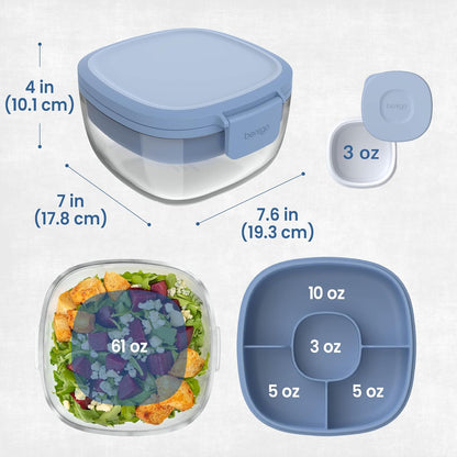 Bentgo Glass Prints Salad Container - 7.6-Cup Tinted Glass Salad Bowl with Airtight Lid, Leak-Proof Sauce Container, 4-Compartment Bento Meal Prep Tray & Reusable Fork (Floral Maximalist - Sea)