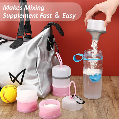 Baderke 2 Pcs Protein Powder Container with Funnels Stand, 4 Stackable Leakproof Protein Powder Dispenser, Portable Keychain Powder Container for Workout, Fitness, Travel(Gray, White)