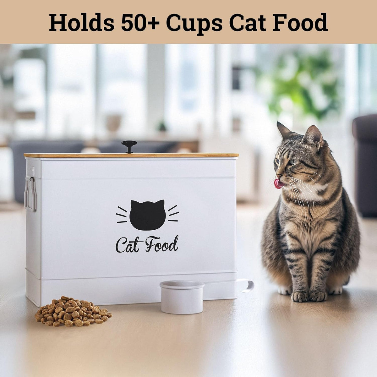 Cat Food Storage Container with Scoop - 15 lb (50 Cup) Capacity Metal Cat Food Container with Airtight Bamboo Lid & Metal Scoop - Airtight Pet Food Storage Containers - 15 lb Treats & Kibble Container