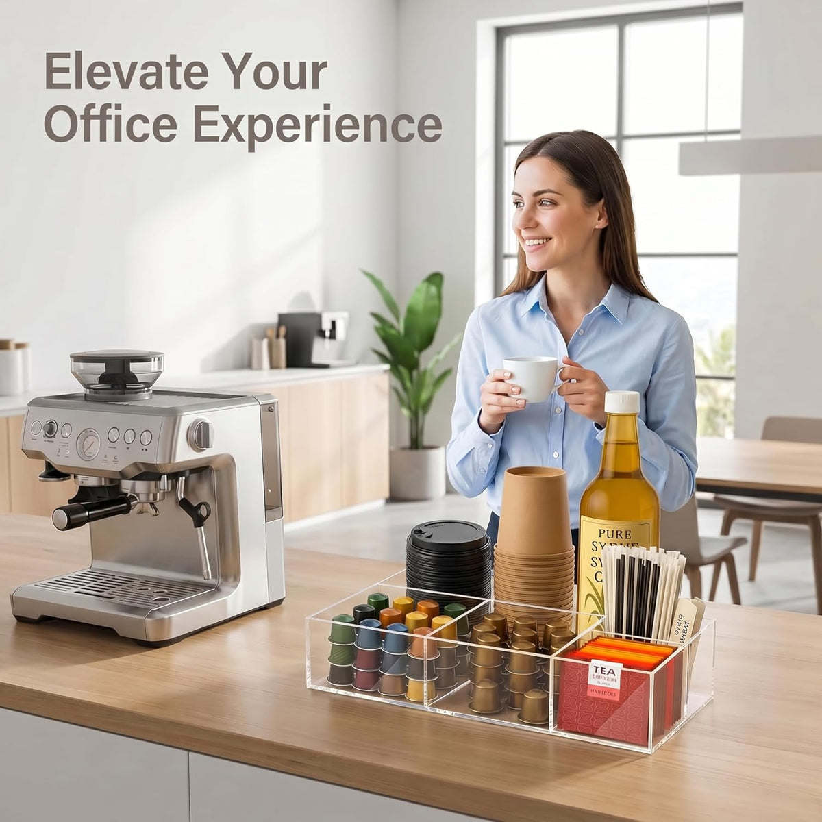 Coffee Bar Organizer for Countertop – Wooden Coffee Caddy with Compartments for Pods, Sugar Packets, and Accessories – Coffee Condiment Station Storage for Home and Office (Black)
