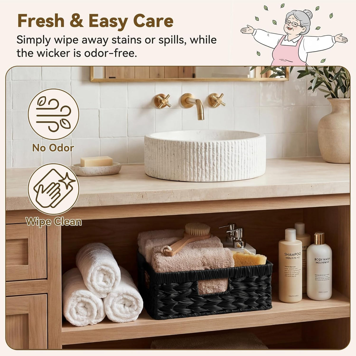 GRANNY SAYS Wicker Storage Baskets for Shelves, Wicker Baskets for Organizing, Waterproof Woven Basket for Pantry, Rectangle Basket for Shlef, Brown, 2-Pack