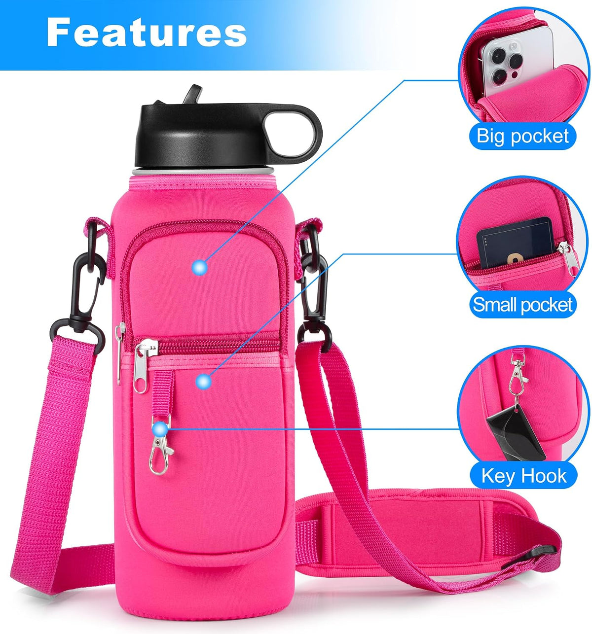 RRegeny Water Bottle Holder with Strap for Hydroflask 32oz 40oz, Carrier Sling Bag with Phone Pocket Water Bottle Sleeve for Men Women Hiking Camping Travelling