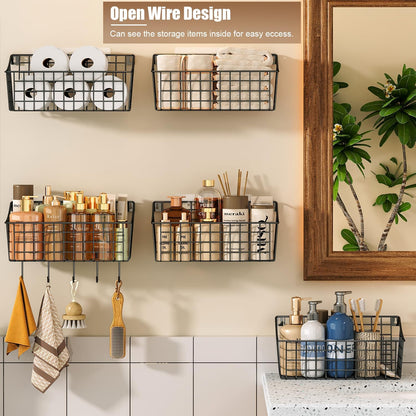 Sonyabecca 6 Pack Hanging Wall Basket for Organizing, Large Wire Basket for Storage Pantry with 5 S Hook+6 Adhesive Hook, Wall Mounted Shelf for Kitchen Bathroom