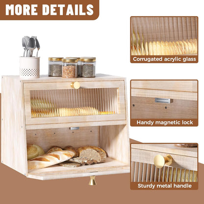 Bread Box for Kitchen Countertop,Extra Large 2 Layer Breadbox Wooden Farmhouse Bread Storage Container Bread Bin Bread Holder Food Organizer Pantry Shelf Acrylic Window(Black)