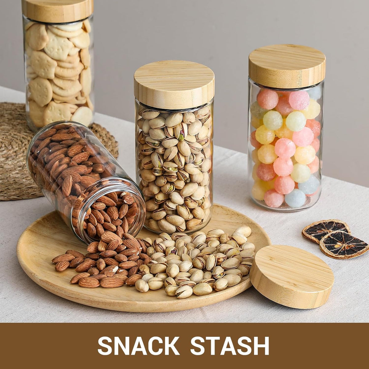 NETANY 4-pack 16oz Glass jars with Airtight Lids, Overnight Oats Containers with Bamboo Lids, Wide mouth Mason Salad jars, Glass Food Storage Containers for Snacks Yogurt Spice Sugar
