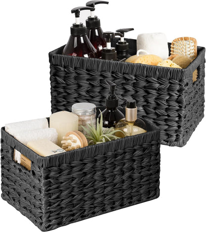 GRANNY SAYS Wicker Storage Baskets for Shelves, Wicker Baskets for Organizing, Waterproof Woven Basket for Pantry, Rectangle Basket for Shlef, Brown, 2-Pack