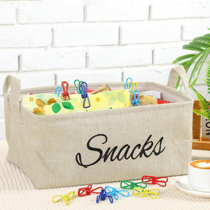 Newtay 17 Pcs Snack Basket Sets, Snack Storage Bin for Pantry Shelves with 16 Pcs 2 Inch Chip Clips, Basket Organizer for Kitchen Home, Chips, Popcorn, Candy, Pretzels(Burlap,Khaki)