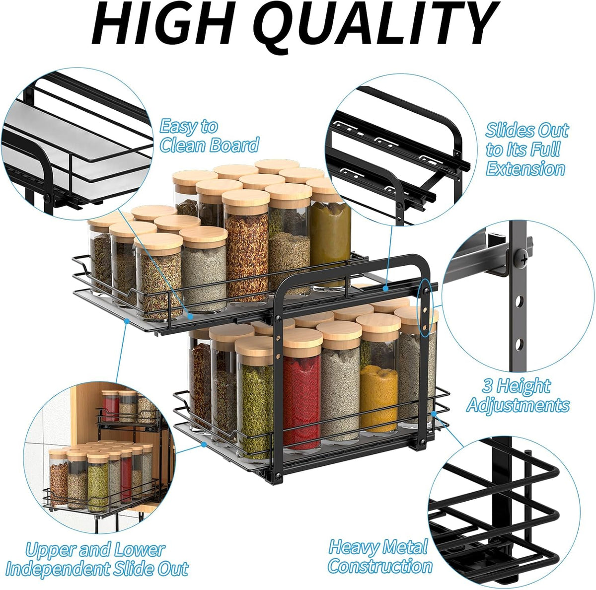 BOIVSHI 2-Tier Spice Rack, Pull Out Cabinet Organizer Spice Racks Height Adjustable Heavy Duty Metal Basket for Inside Cabinets & Pantry Closet(9.5''Wx10.5''Dx9.5''H)