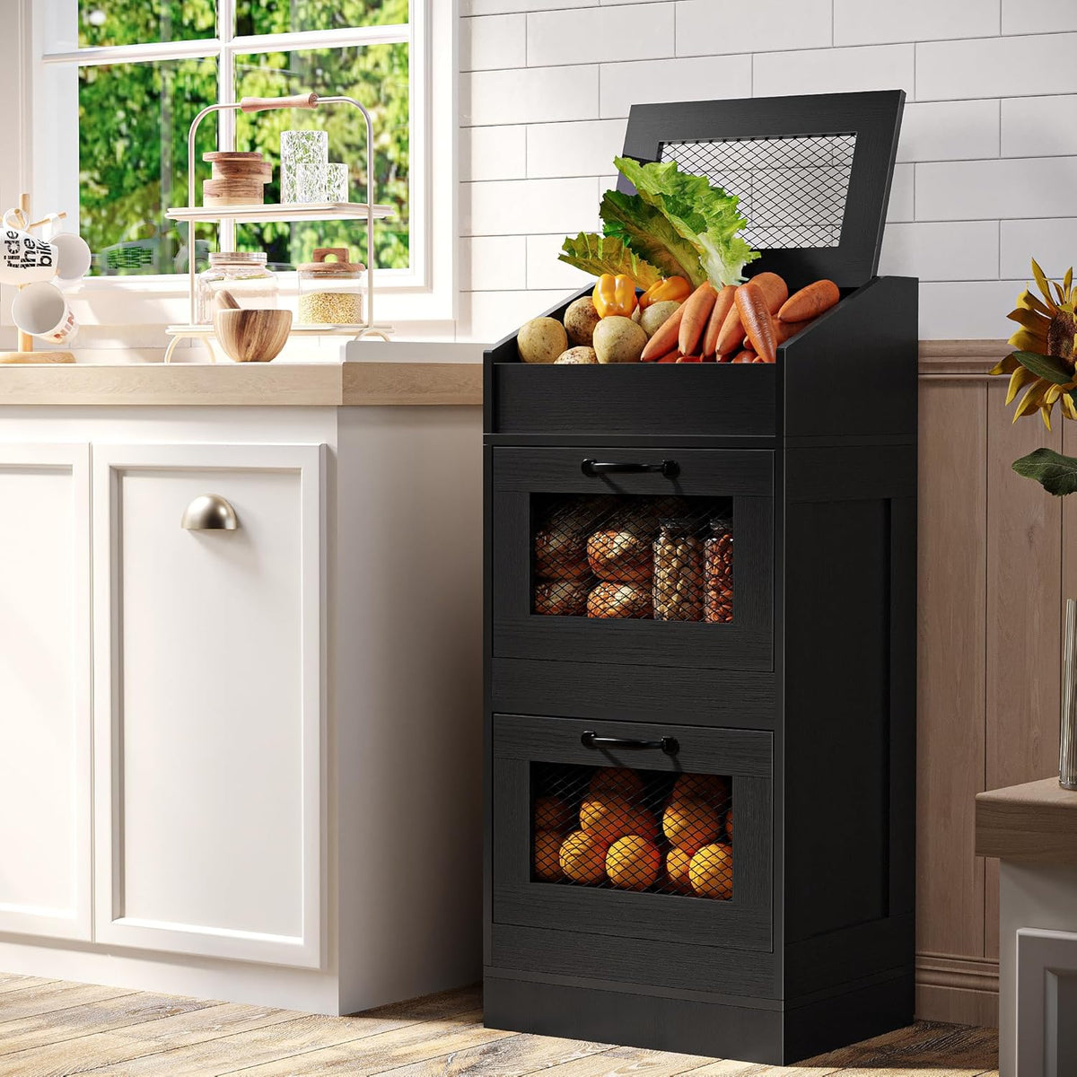 Potato Storage Bin with Lid, Rustic Wooden Onion Storage Bin, Bread Box for Kitchen, Kitchen Decorative Vegetable Storage Cabinet, Rustic Grey HPC001SG
