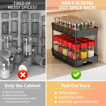 Pull Out Spice Rack Organizer for Cabinet, Slide Out Spice Racks Organizer, Spice Cabinet Organizers, Cabinet Size Need:12'' Highx11'' Deepx5'' Wide,Hold 10 Spice Jar Each Tier-2Tier, Black