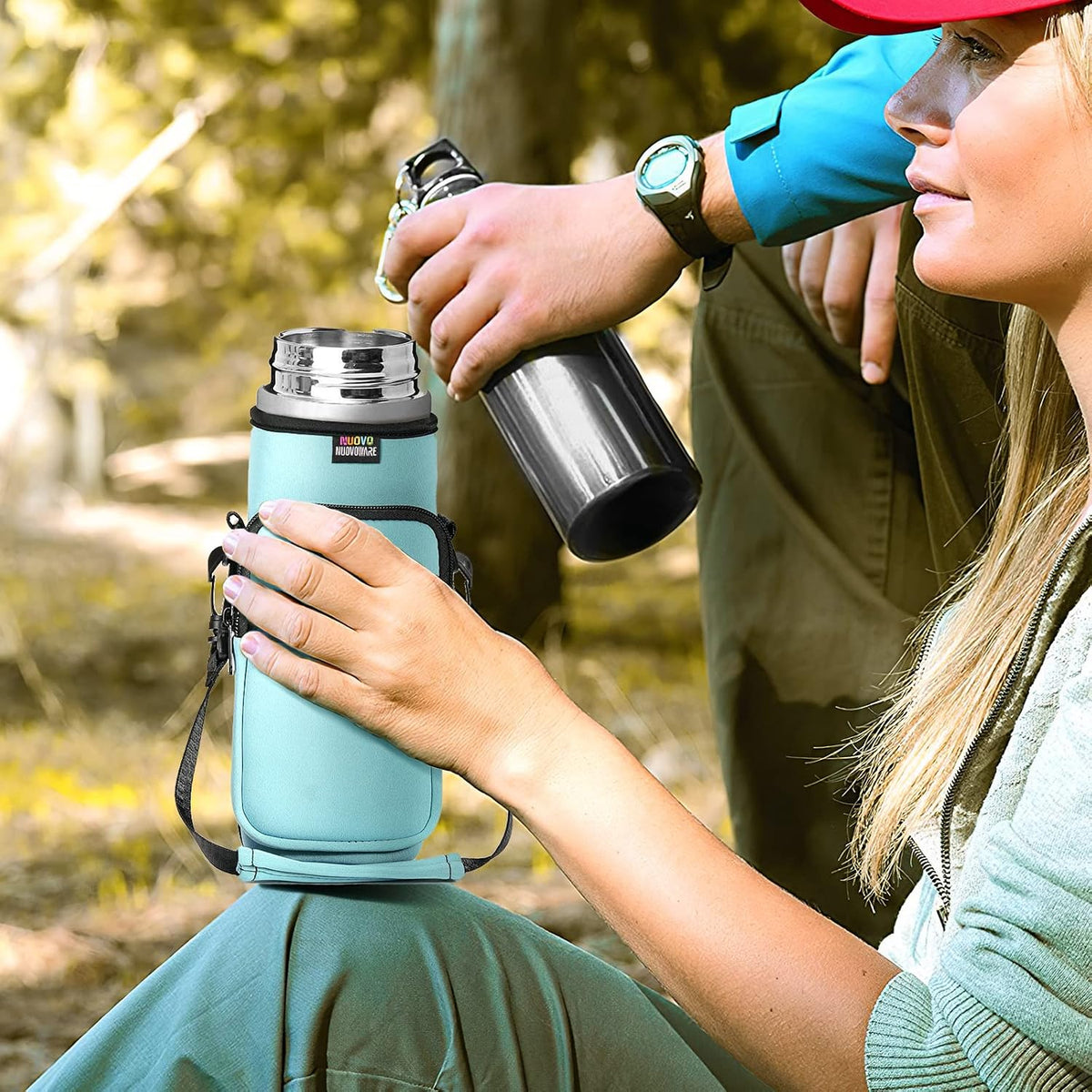 Nuovoware Water Bottle Carrier Bag,25oz/40oz/64oz Bottle Pouch Holder,Adjustable Shoulder Hand Strap 2 Pocket Sling Neoprene Sleeve Sports Accessories for Hiking Travelling Camping