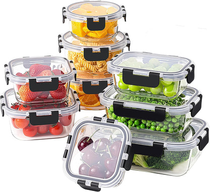 HOMBERKING 18 Piece Glass Food Storage Containers with Lids, Glass Meal Prep Containers, Airtight Lunch Bento Boxes, BPA-Free & Leak Proof, Oven, Freezer and Dishwasher Safe (9 lids & 9 Containers)