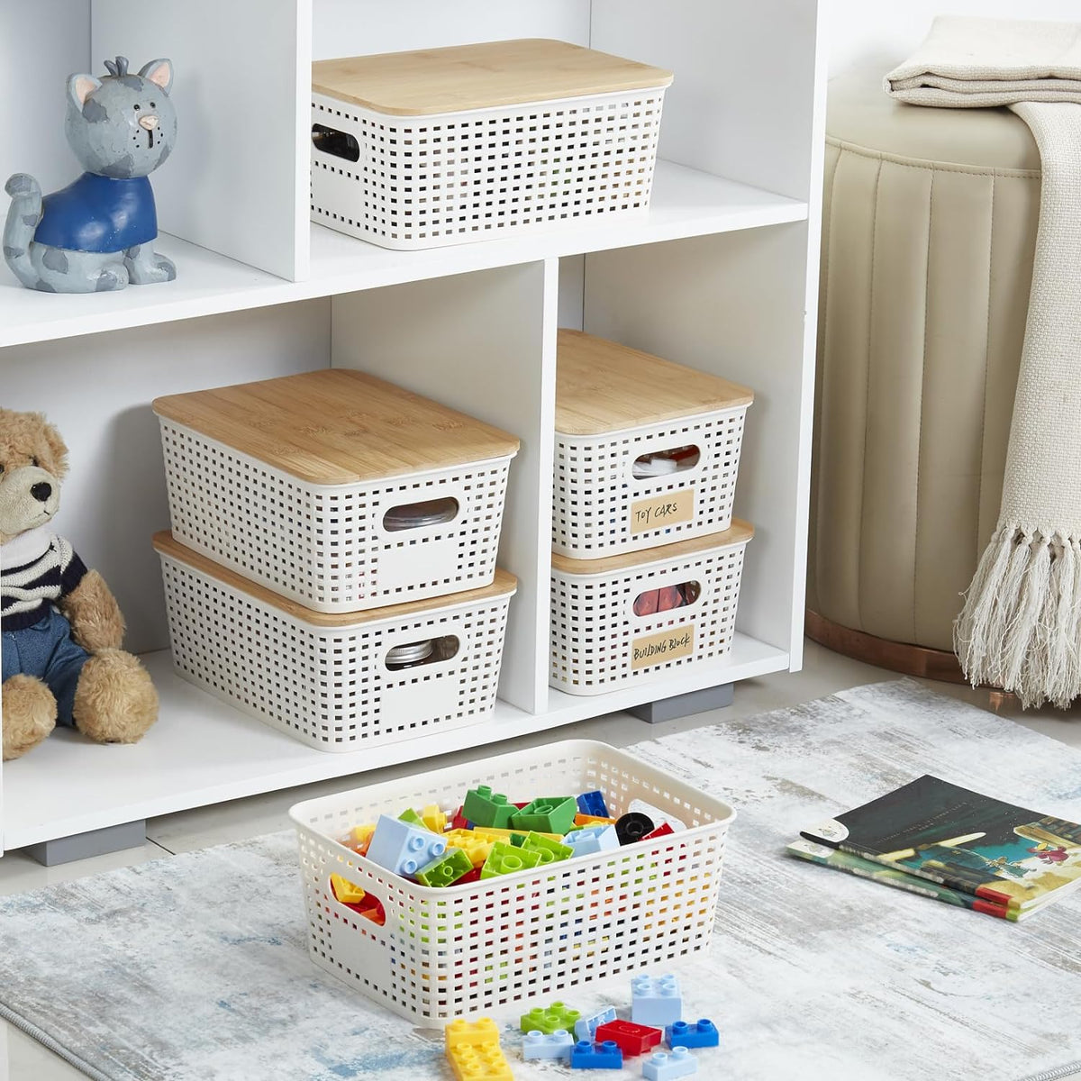 Bagnizer Small Plastic Storage Bins with Bamboo Lids 5.2qt Stackable Box Basket Pantry Decorative Containers Cute with Labels for Organizing Desktop Closet Office Cream White of 10*7.2*4.1"