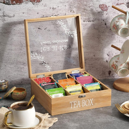 Tea Box Organizer,Wood Tea Bag Holder Organizer,Modern Teas Bag Storage with 9 Compartments and Glass Cover for Home Office Gift