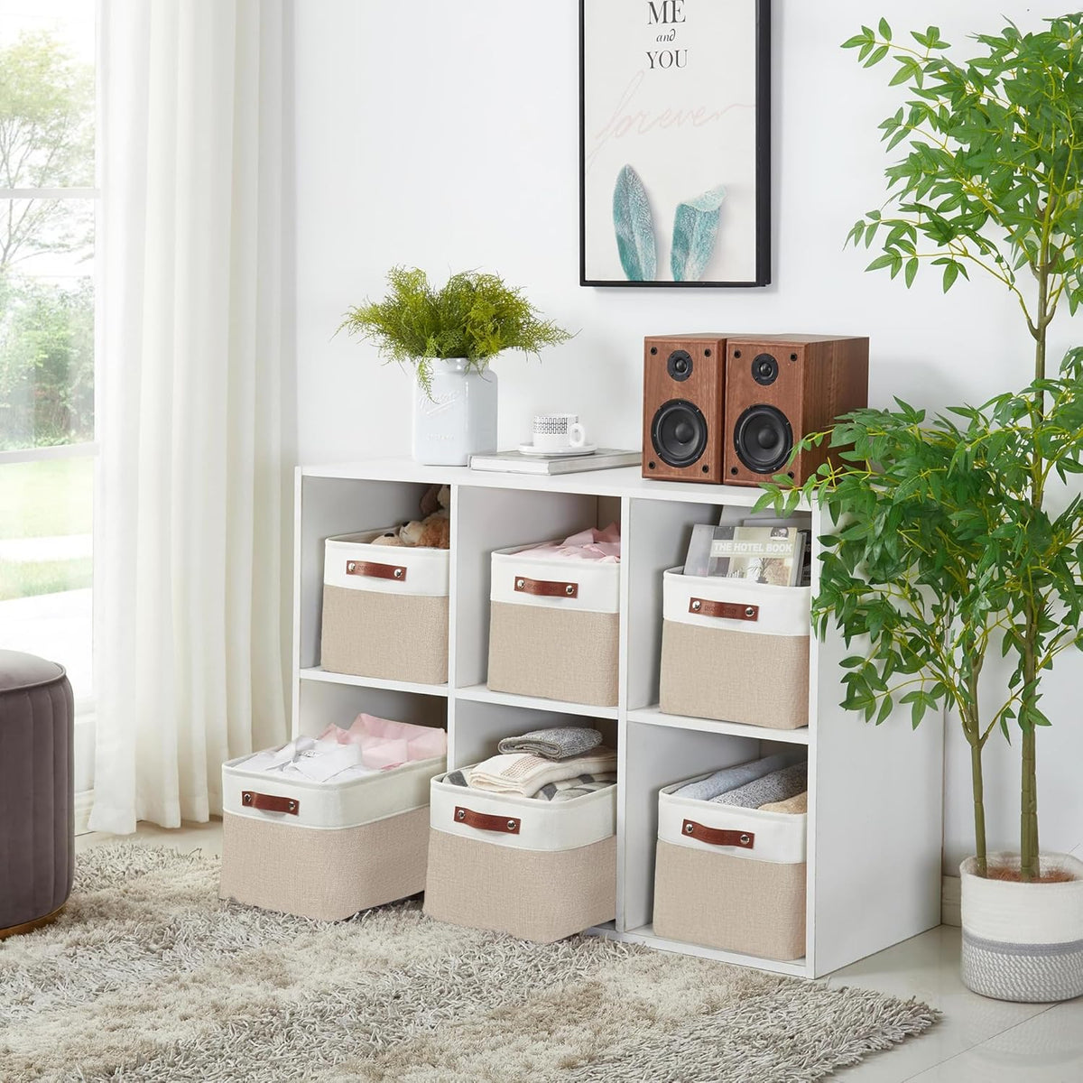 DECOMOMO Storage Bins, Large Fabric Storage Baskets for Shelves, Decorative Linen Closet Organizer, 15 x 11 x 9.5 inches (Beige & White, 3 Pack)