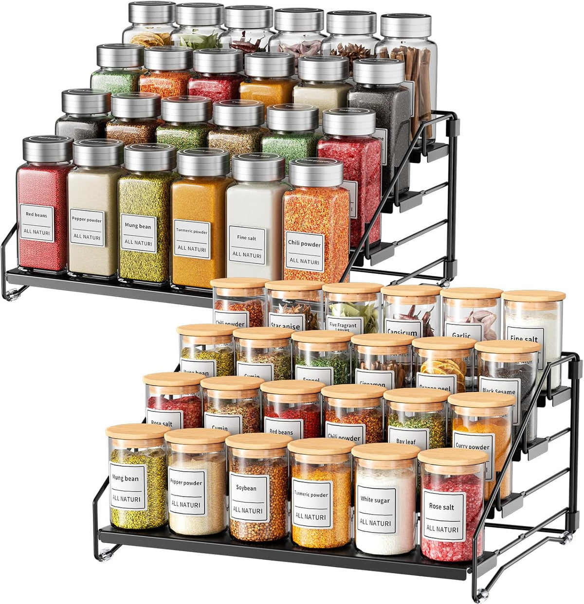 RCHYFEED Spice Rack Organizer for Cabinet Pantry,4 Tier Spice Rack Countertop, Depth Adjustable Spice Organization for Cabinet,Tierd Seasoning Organizer for Cabinet(Black) | for Cabinet Pantry