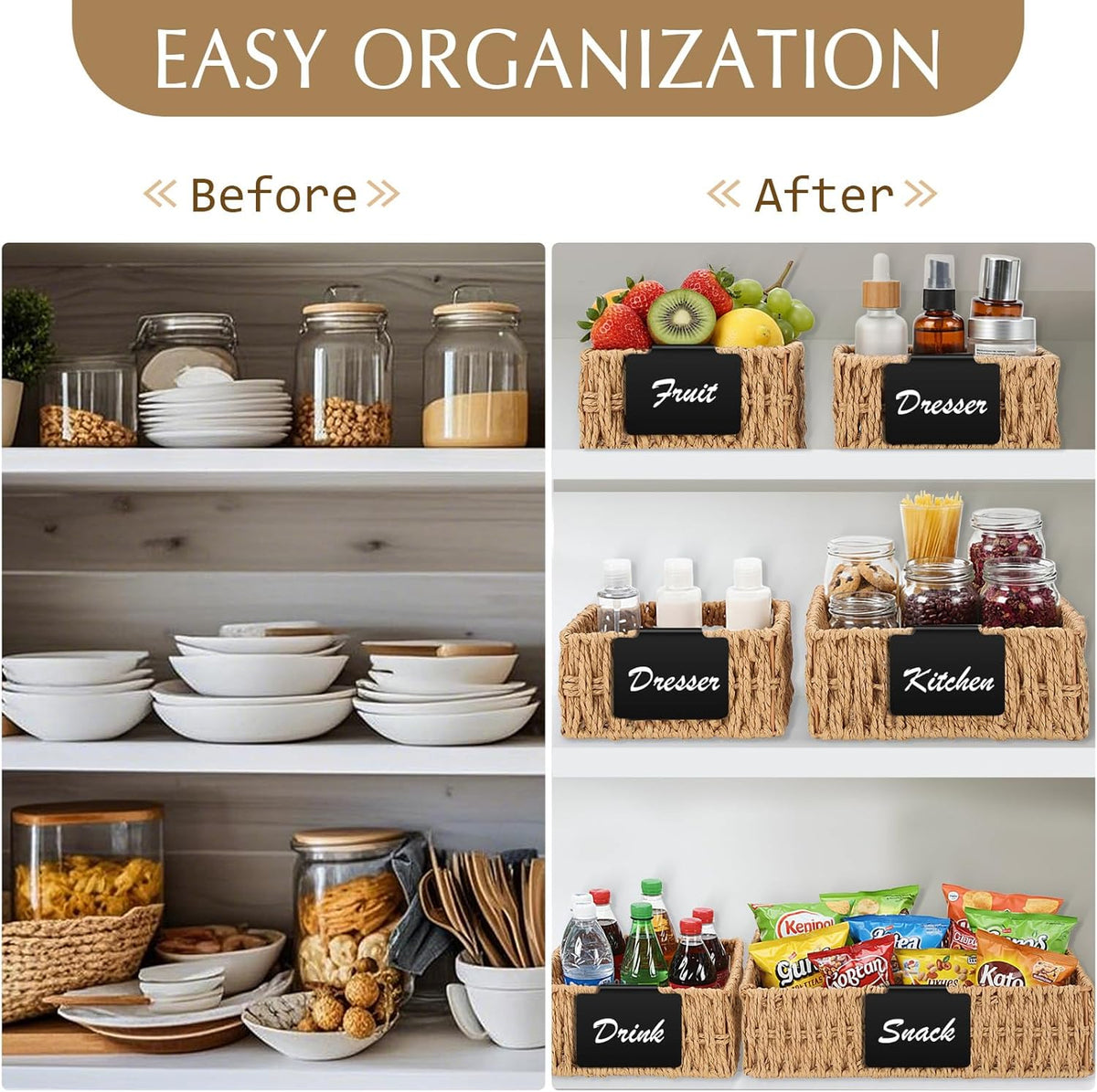 Marsui 9 Pcs Wicker Storage Baskets for Pantry Organization with Handle Labels Handwoven Multi-size Dark Brown Small Organizer Baskets Storage Bin Container for Shelves Closet Toilet Christmas Holiday