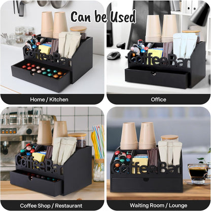 Coffee Bar Organizer for Countertop – Wooden Coffee Caddy with Compartments for Pods, Sugar Packets, and Accessories – Coffee Condiment Station Storage for Home and Office (Black)