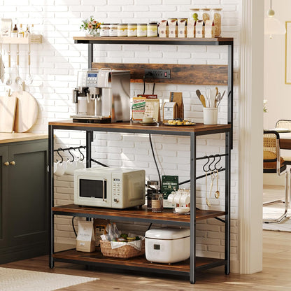 SUPERJARE Kitchen Bakers Rack with Power Outlet, Coffee Bar Table 4 Tiers, Kitchen Microwave Stand with 6 S-shaped Hooks, Storage Shelf Rack for Spices, Pots and Pans - Rustic Brown