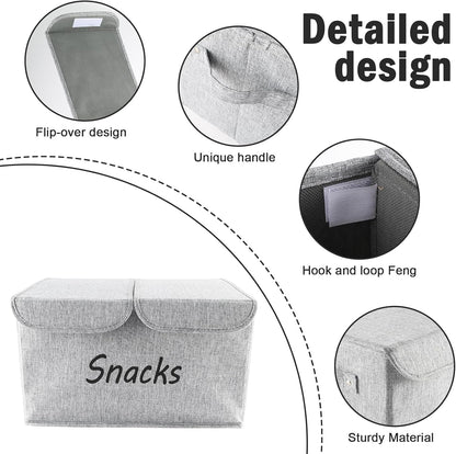 Snack Organizer for Pantry Shelf, Fabric Snack Organizer with Double Lids & Handles, Large 2-Compartment Snack Bin Snack Holder, Snack Basket for Chips Packets, Snack Bar Station Decor -Black